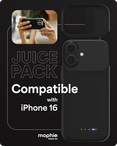 Mophie Juice Pack Battery Case for iPhone 16 - Slim Charging Case, Magnetic Back for Wallets & Mounts, +50% Extra Battery Life, Enhanced 6-Foot Drop Protection, Sustainable Material, Black - size: iPhone 16