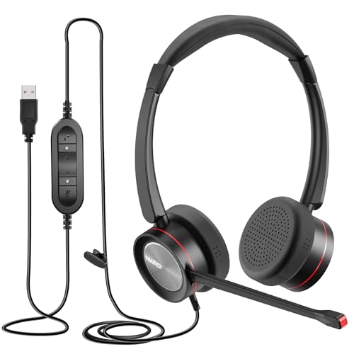 MAIRDI USB Headset with Microphpne, Wired PC Headset with Mic Noise Canceling & Mute for Computer Laptop Teams Zoom Office Work Call Center Business Softphone - color: Red