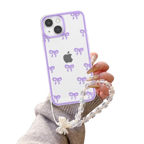 EYZUTAK Case for iPhone 13, Clear Cute Ribbon Bowknot Aesthetic Phone Case with Charm Bracelet Chain Raised Camera Protection Stylish Soft Durable TPU Protective Cover for Women Girls - Purple - color: Purple, size: iPhone 13