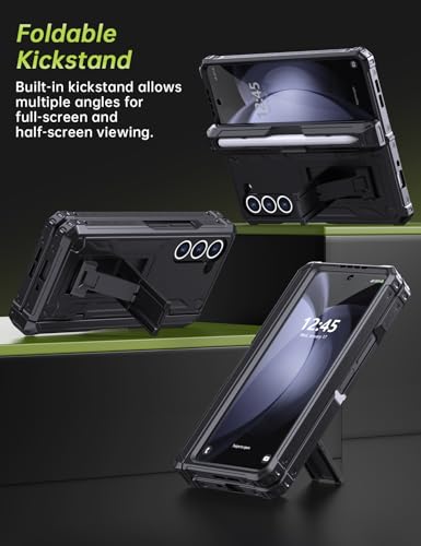 KJSK for Samsung Galaxy Z Fold 5 Case,with S Pen Holder+Belt Clip Holster+Built-in Kickstand+Hinge Protection,Heavy Duty Military Grade Drop Proof Case for Galaxy Z Fold 5(Black) - color: Black