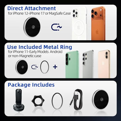Magnetic Phone Mount for Car, 15W Wireless Car Charger, Dashboard Phone Holder and Windshield Mount, Extendable 360 Degree Arm, Washable Gel Suction Cup, Metal Ring and Cable Included - size: Universal | Mag Charge