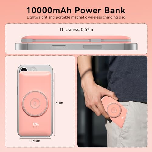 Magnetic 10000mAh Portable Charger for iWatch & iPhone, PD Fast Charging Wireless Power Bank Built-in Cables and Wall Plug, External Travel Battery Pack Compatible with iOS Android Phones - color: Pink