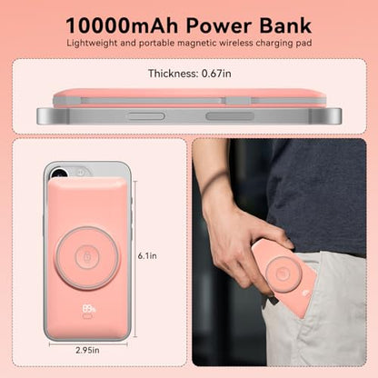 Magnetic 10000mAh Portable Charger for iWatch & iPhone, PD Fast Charging Wireless Power Bank Built-in Cables and Wall Plug, External Travel Battery Pack Compatible with iOS Android Phones - color: Pink