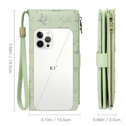 GAEKEAO Wallets for Women Leather RFID Blocking Large Capacity Card Case Ladies Wristlet Clutch Wallets Zipper Pocket with 4 ID Windows 21 Card Slots - color: Green