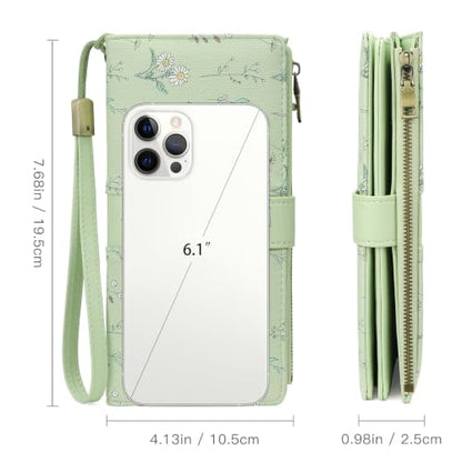 GAEKEAO Wallets for Women Leather RFID Blocking Large Capacity Card Case Ladies Wristlet Clutch Wallets Zipper Pocket with 4 ID Windows 21 Card Slots - color: Green