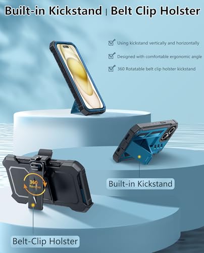 FNTCASE for iPhone 15/14/13 Case, with Belt Clip, Built-in Screen Protector | Rugged Kickstand, 20FT Military-Grade Drop Protection, Heavy Duty Shockproof Holster, Full Protective Phone Cover, Orange - color: T-Blue