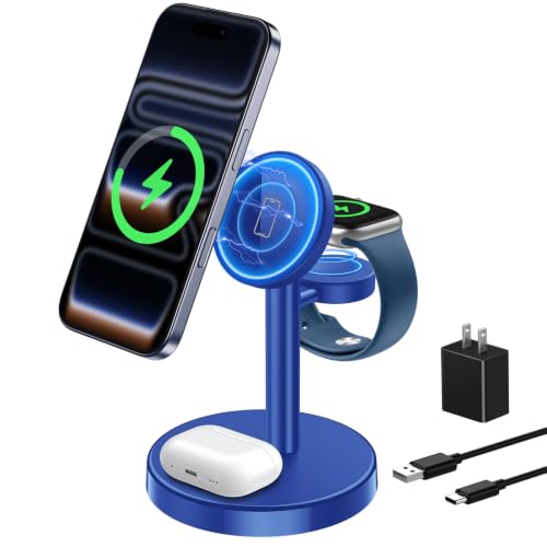 Aeinidi 3 in 1 Fast Wireless Charging Station for Apple MagSafe Charger - color: Blue, size: 15W