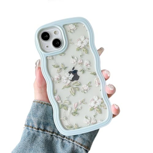 ZTOFERA Floral Case for iPhone 13/iPhone 14 6.1 inch,Cute Curly Wave Frame Shape Case with Green Leaf Flower Pattern for Women Girls, Clear Slim Shockproof Phone Cover for iPhone 13/14, Green - color: Green, size: iPhone 13/14 6.1"
