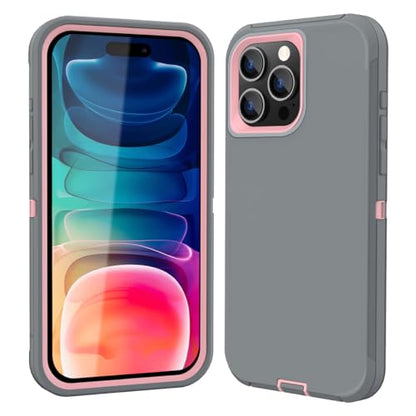 Sansunto for iPhone 15 Pro Max Case, Full Body Protection Heavy Duty Shockproof Military Grade 3 in 1 Silicone Rubber with Hard PC Rugged Durable Phone Cover - color: Grey/Pink