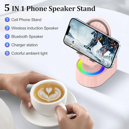 AKLLCCR Wireless Induction Bluetooth Speaker 5in1 Phone Holder Speaker - color: Pink