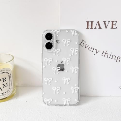 NITITOP Compatible with iPhone 16 Case Clear Cute Bow Ribbon Love Heart Pattern for Women Girls Bowknot Full Camera Lens Soft TPU Slim Shockproof Protective Cover - White - color: White, size: iPhone 16