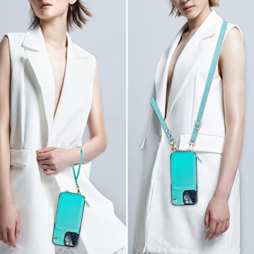 Bocasal Multi-Slot Crossbody Wallet Case for iPhone 12 Pro Max, Mint Green | RFID Blocking PU Leather Purse Case with Card Holder, Handbag Flip Cover with Zipper Wrist Strap Lanyard for Women 6.7 Inch - color: Green