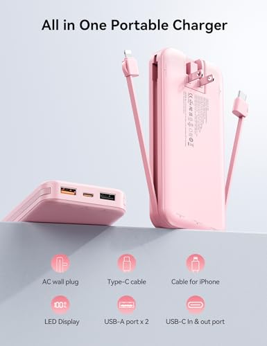 Portable Charger Power Bank 10000mAh with Built in Cables & Wall Plug - color: Light Pink
