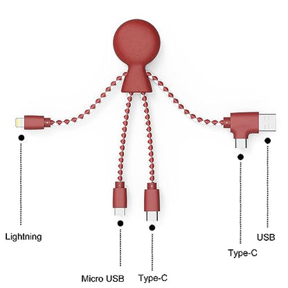 Xoopar Multi USB Cable 4 in 1 - Universal Charger Made from Recycled Plastic - USB, USB-C, Lighting, Micro USB Ports - Compatible with All Smartphones Mr Bio RED Octopus - color: Red