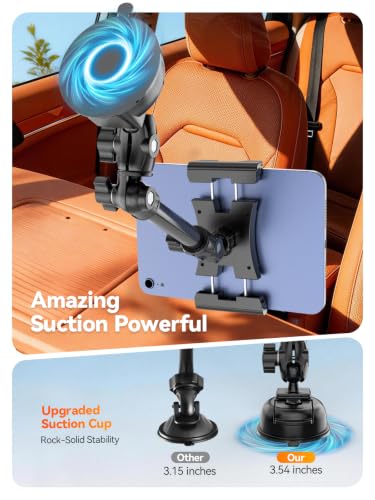 OHLPRO Heavy Duty Tablet Holder for Car Windshield, 90mm Large Suction Cup Mount, 360° Rotating Aluminum Arm iPad Holder for Truck, SUV, Semi & Boat, Fits 4.7–13" iPad Pro/Air/Mini, Galaxy Tab