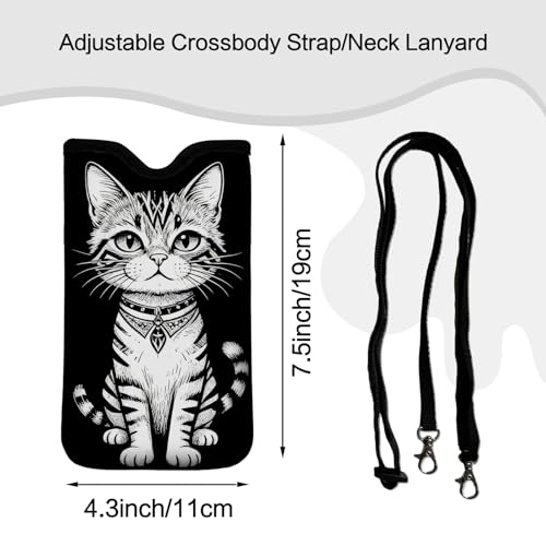 Men Women Neoprene Cell Phone Sleeve Pouch Case Bag with Crossbody Strap/Neck Lanyard 7.5 X 4.3 in (Black and White Cat Pattern) - color: Black and White Cat Pattern