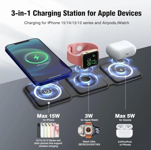 Charging Station is Compatible with Apple Multiple Devices - 3 in 1 Foldable Magnetic Wireless Charger Dock-Travel Charging Pad for iPhone 16 15 14 13 12 Pro Max Plus Watch & Airpods. (Black).