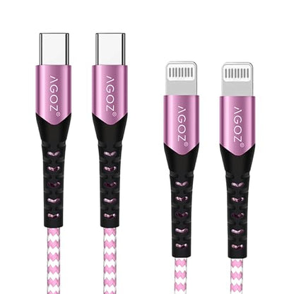 AGOZ 2 Pack Pink Apple MFI Certified Lightning to USB C Cable, Braided Fast Charger Cord Compatible with iPhone 14 Pro Max, 14 Plus, 13, 12, 13 Mini iPhone SE, iPhone 11 XR X XS 8 7 6 5 (10ft)