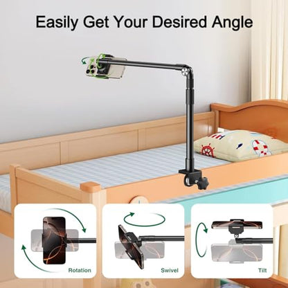 elitehood Aluminum Arm Phone Holder for Bed [360° Swivel Tilt Rotation], Adjustable Bedside Phone Holder Laying Down, iPhone Stand for Bed Desk Overhead, iPhone Clamp Mount Fit All 4-7’’ Cellphone