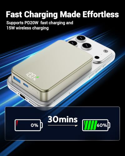 Magnetic Portable Charger for Magsafe Power Bank, 26800mAh 20W PD Large Capacity Aluminum Alloy USB-C in&Out Wireless Fast Charging Battery Pack for iPhone 17Pro Max/16/15/14/13/12 Series, Gold - color: Gold