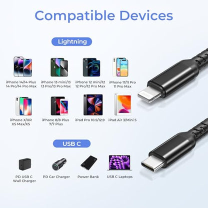 Basesailor USB C to Lightning Charger Cable 3.3FT with USB A Adapter - color: Black, size: 3.3FT/1M