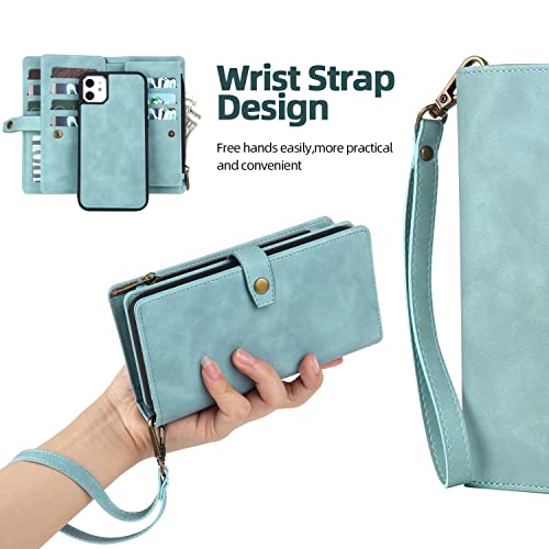 TwoHead for iPhone 11 Wallet case with 11 Card Holder (Blue) | Detachable Magnetic Phone Case, PU Leather Wallet for Women/Men,Wireless Charging Compatible,with Wrist Strap - color: Blue