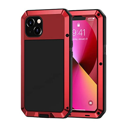 Lanhiem for iPhone 13 Metal Case, Heavy Duty Shockproof Tough Rugged Case with Built-in Glass Screen Protector, 360 Full Body Protective Cover for iPhone 13 6.1 inch, Red - color: Red