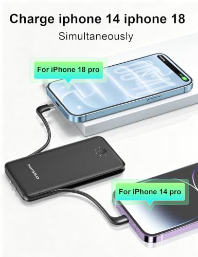 Ultra Slim 10000mAh Power Bank, Built-in Cables and AC Wall Plug, Black