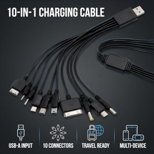 Black 10 in 1 USB Multi Charger Cables for Mobile Phones Charging Cord 7.87in Universal USB to Multi Plug Charger Cable for Smartphone Charger Wires,Cables and Interconnects