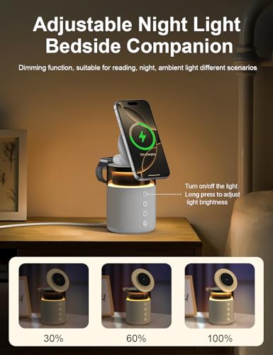 5-in-1 Magnetic Wireless Charging Station for Apple Device, Portable Bluetooth Speaker with Adjustable Night Light, 33W Fast Charger Stand for iPhone 17/16/15/14/13 Pro Max, Apple Watch, AirPods - color: White