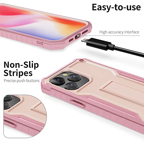ExoGuard for iPhone 14 Pro Max Case 6.7 Inch, Rubber Shockproof Full-Body Cover Case Come with a Tempered Glass Screen Protector and Kickstand (Pink) - color: Pink