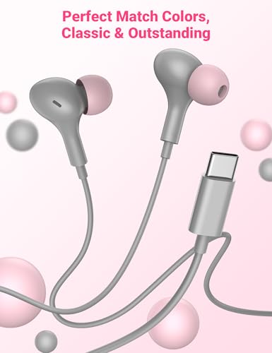 USB C Earbuds with Microphone Cute in Ear Wired Headphone - color: Grey Pink