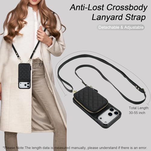Bocasal Crossbody Wallet Case Card Holder for iPhone 17 Pro Max Black | RFID Blocking PU Leather Zipper Handbag Purse, Kickstand Flip Folio Case with Card Slots Holder Wrist Strap Lanyard 6.9 Inch - color: Black