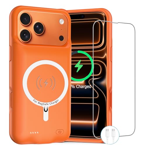 Battery Case for iPhone 17 Pro Max,12000mAh Rechargeable Portable Charging Case with Wireless Charging Compatible for iPhone 17 Pro Max (6.9inch) with Carplay Extend Battery Pack Charger Cover -Orange - size: iPhone 17 Pro Max-Orange