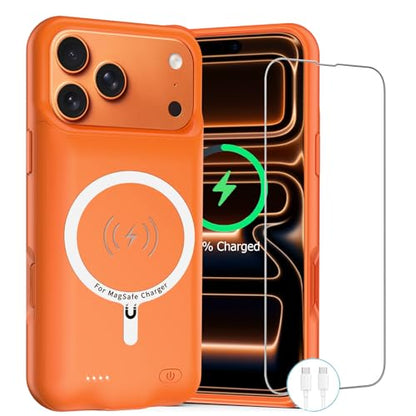 Battery Case for iPhone 17 Pro Max,12000mAh Rechargeable Portable Charging Case with Wireless Charging Compatible for iPhone 17 Pro Max (6.9inch) with Carplay Extend Battery Pack Charger Cover -Orange - size: iPhone 17 Pro Max-Orange