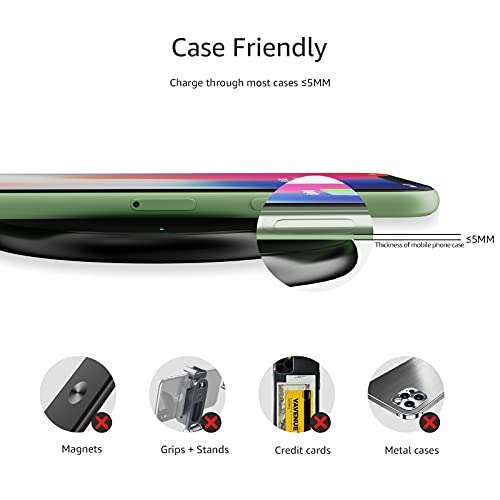 Amazon Basics Wireless Charger, 15W Qi Certified Wireless Charging Pad with USB Cable, Compatible with iPhone 15/14/13/12/11/X, Samsung & LG, Case Compatible, Black