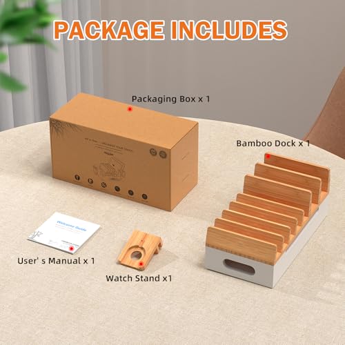 Bamboo Charging Stand for Multiple Devices Phone Watch Stand-Natural+White - color: Natural + White (No USB Charger)