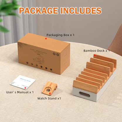 Bamboo Charging Stand for Multiple Devices Phone Watch Stand-Natural+White - color: Natural + White (No USB Charger)