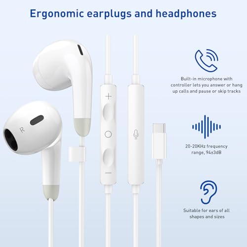 USB C Headphones, 2 Pack Wired Earbuds, Type C Headphones with Microphone
