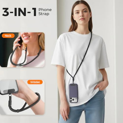 3-in-1 Phone Lanyard Crossbody/Neck/Wrist, Adjustable Strap with Tether Tab - color: Black