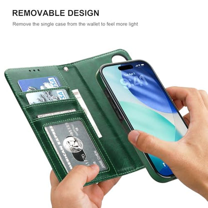 Bocasal Detachable Wallet Case Card Holder for iPhone 17, Green | RFID Blocking Kickstand Card Slots Holder PU Leather Magnetic Shockproof Wrist Strap Removable Flip Protective Cover 6.3 inch - color: Green