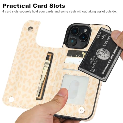 HAOPINSH for iPhone 16 Pro Max Wallet Case with Card Holder, Cream-Coloured Leopard Pattern Back Flip Folio PU Leather Kickstand Card Slots Case for Women Girls, Double Magnetic Clasp Shockproof 6.9" - color: Cream-coloured Leopard