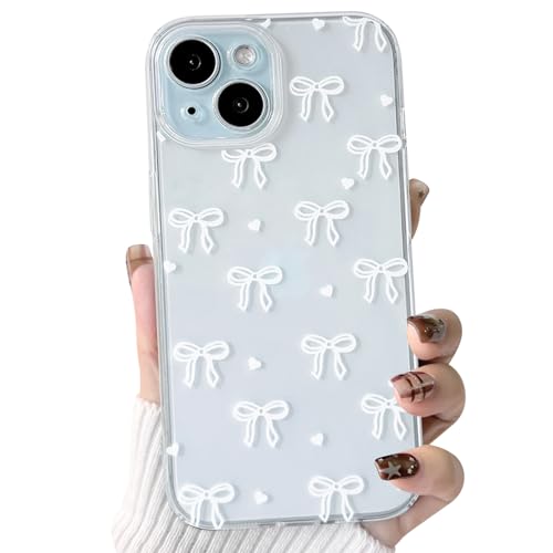 NITITOP Compatible with iPhone 15 Plus Case Clear Cute Bow Ribbon Love Heart Pattern for Women Girls Bowknot Full Camera Lens Soft TPU Slim Shockproof Protective Cover - White - color: White, size: iPhone 15 Plus