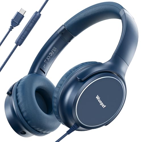 USB C Wired Over-Ear Headphones with Microphone - color: Blue
