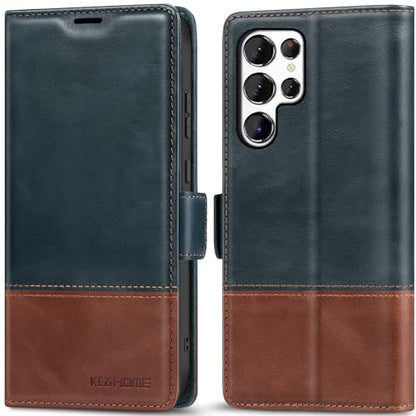 KEZiHOME Genuine Leather Wallet Case for Samsung Galaxy S25 Ultra | Navy Blue/Brown, RFID Blocking, S25 Ultra Wallet Case, Card Slot, Flip, Magnetic Stand Phone Cover Compatible with S25 Ultra - color: Navy Blue/Brown, size: Galaxy S25 Ultra Case