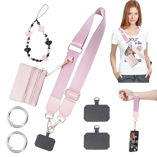 Clip and Go Phone Strap with Zippered Pouch,Phone Strap with Cellphone Chain Accessories - color: Pink