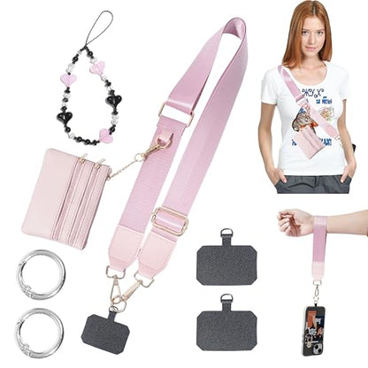 Clip and Go Phone Strap with Zippered Pouch,Phone Strap with Cellphone Chain Accessories - color: Pink