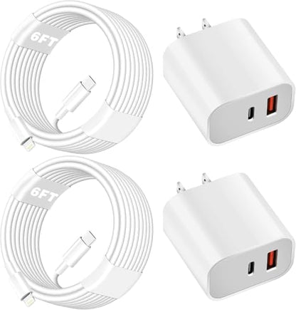 Fast Charger for iPhone,Dual Port A/C Apple iPhone Charger Fast Charging Block,2Pack Quick Double A/C iPhones Wall Chargers Adapter,6FT USB C to Lightning Cable for iPhone14 ProMax/13/12/11/XS/XR/iPad - size: 6FT