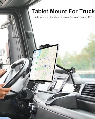 Drill Base Tablet Mount for Truck - [Metal Long Arm] Heavy Duty Truck Tablet Holder Dashboard Car Mount for Commercial Vehicles, Semi Trucks, for 4.7-13" iPad Pro, Air, Mini, Galaxy Tab, Z Fold