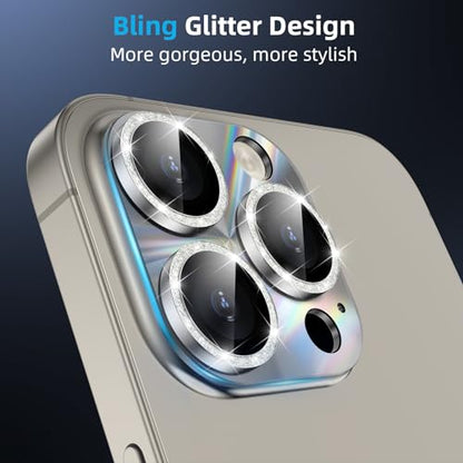YWXTW Camera Lens Protector for iPhone 15 Pro Max/iPhone 15 Pro, [Lithography Laser Gradient] [5X Strengthen] Tempered Glass Screen Protector Metal Ring Back Camera Lens Cover (Natural Glitter) - color: Natural Glitter